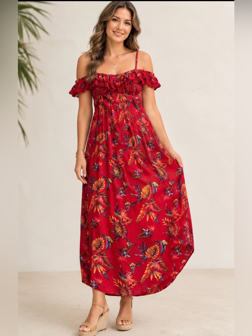 Women’s Self Esteem Red Tropical Hummingbird Cold-Shoulder Midi Dress
